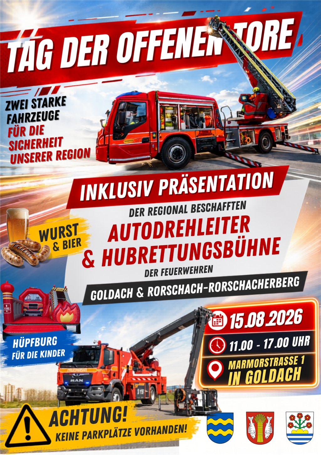 Werbeplakat für einen Tag der offenen Tore mit Feuerwehrautos, Hubrettungsbühne und Veranstaltungshinweisen